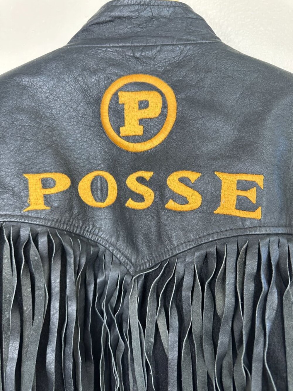 Vintage Black Leather Fringe Biker Jacket Embroidered Posse Logo L Western Style - Picture 6 of 7